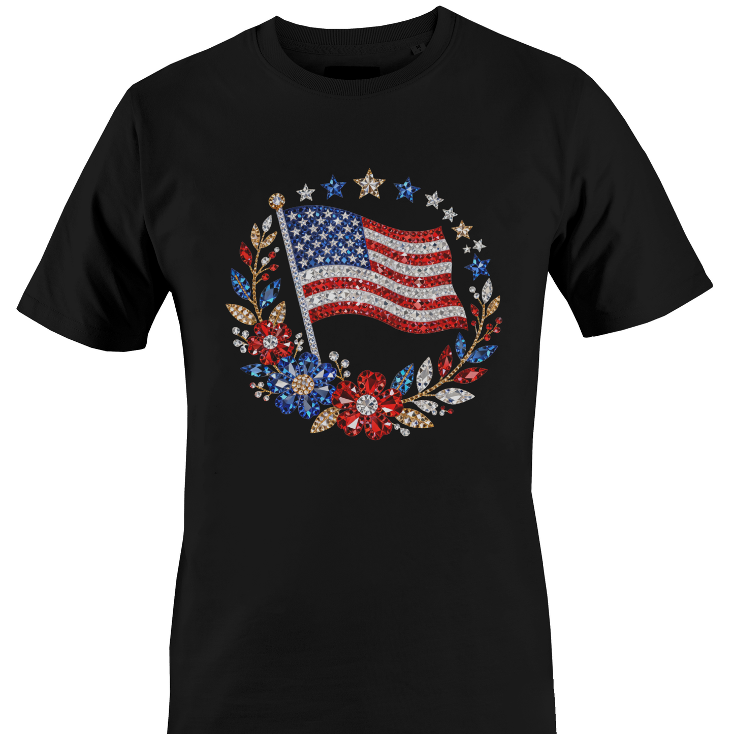 Black t-shirt with bling American flag and floral design by Monkey's Creations