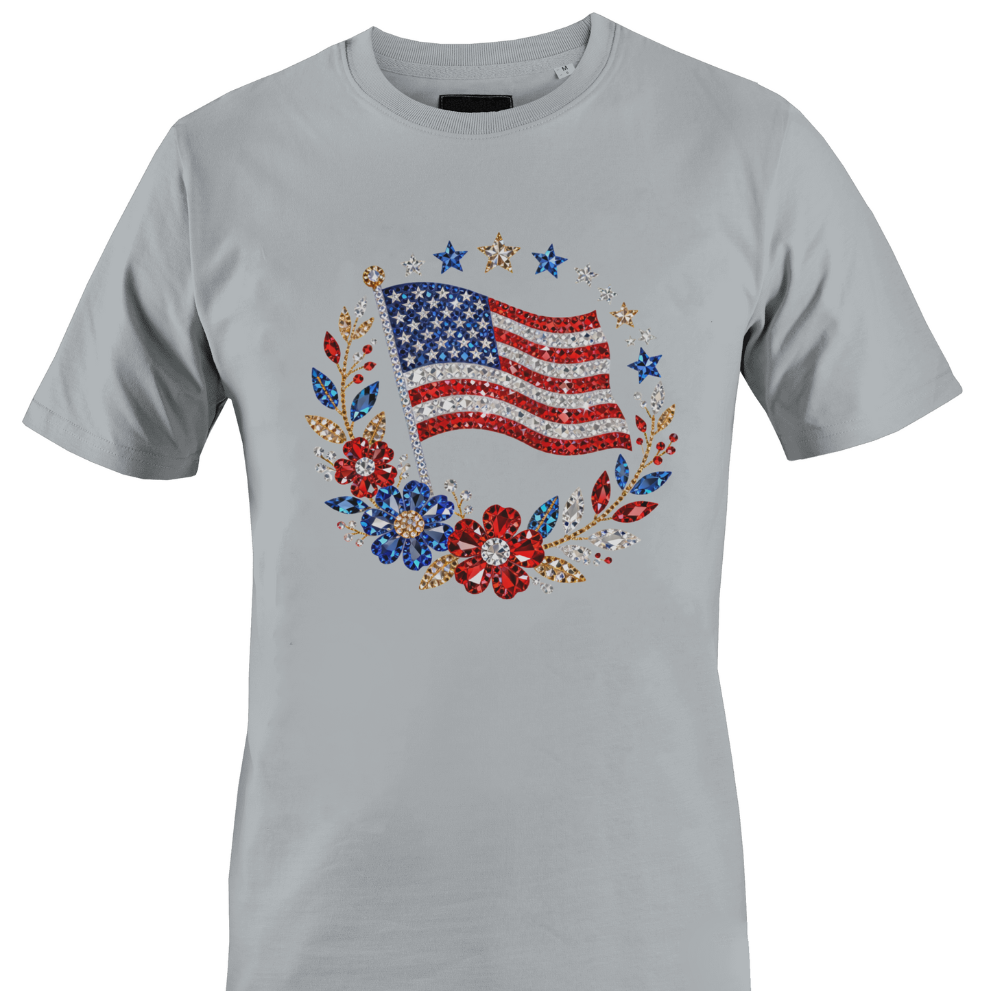 Light grey t-shirt with bling American flag and floral design by Monkey's Creations