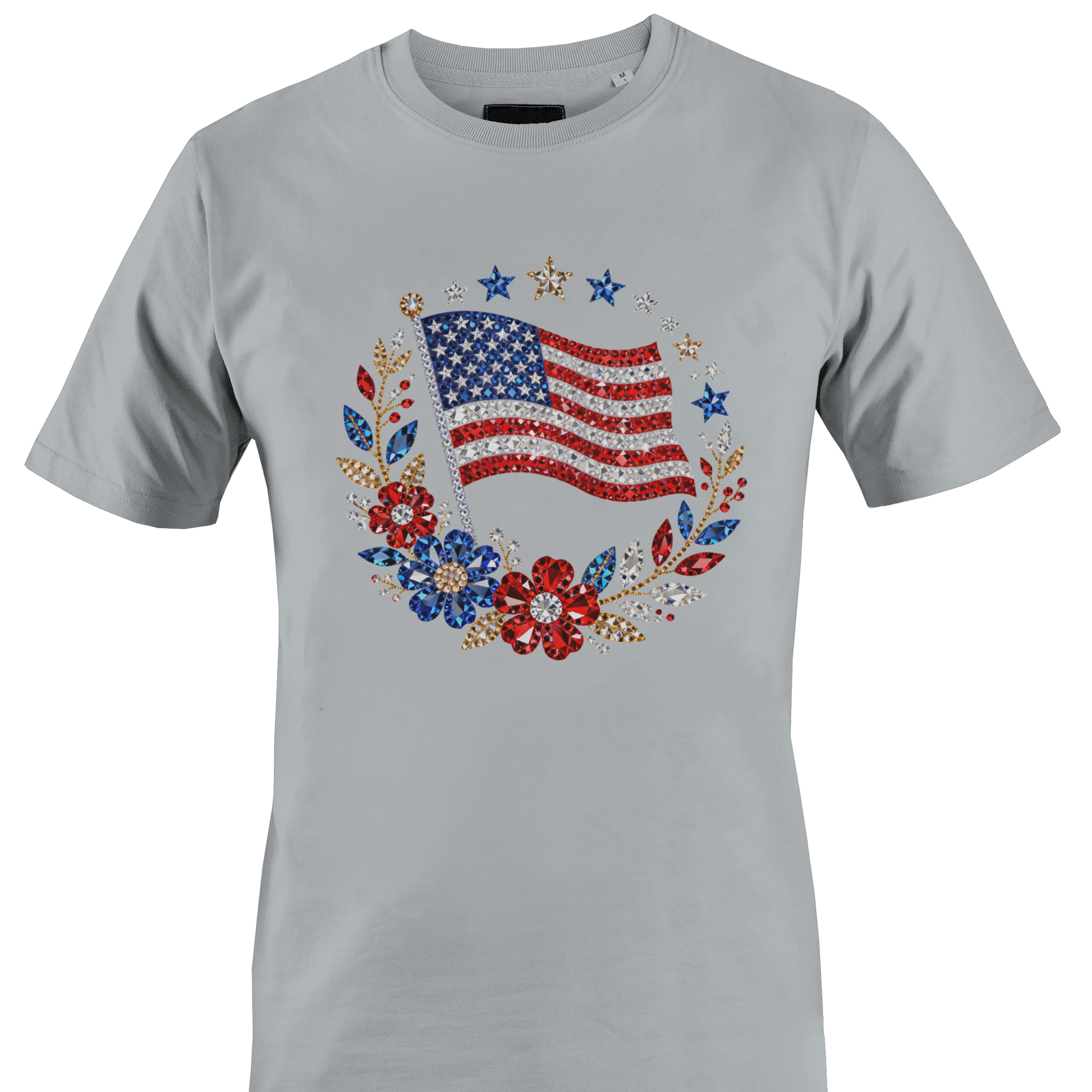 Light grey t-shirt with bling American flag and floral design by Monkey's Creations