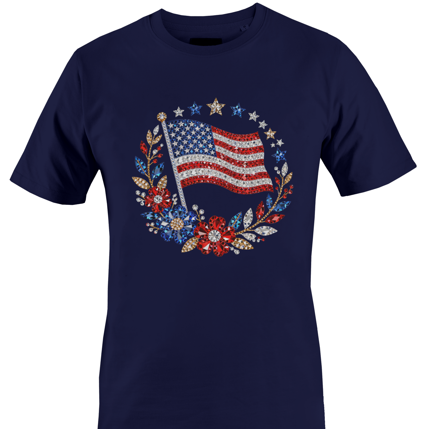 Navy blue t-shirt with bling American flag and floral design by Monkey's Creations