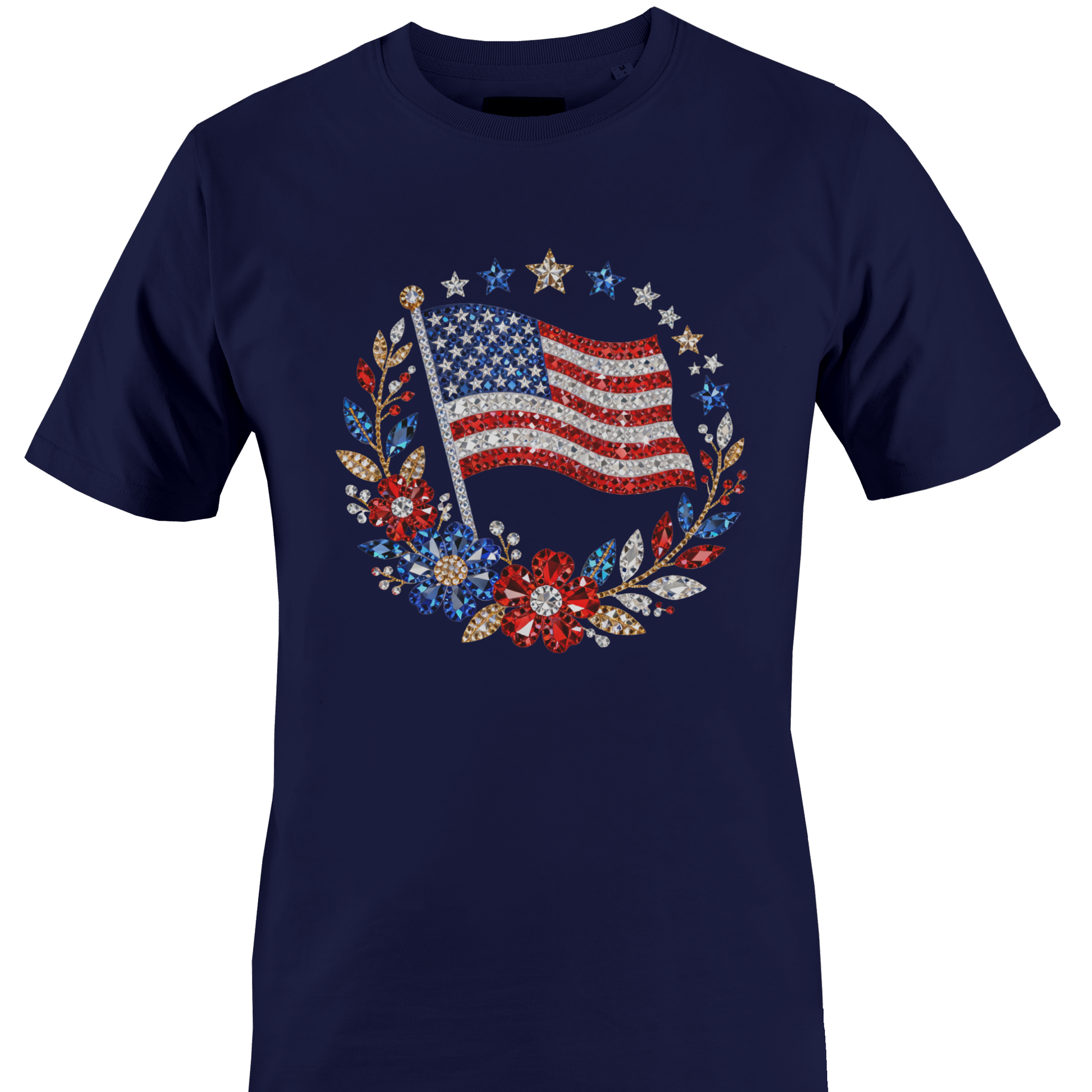 Navy blue t-shirt with bling American flag and floral design by Monkey's Creations