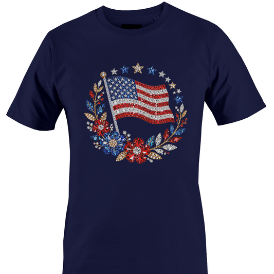 Navy blue t-shirt with bling American flag and floral design by Monkey's Creations