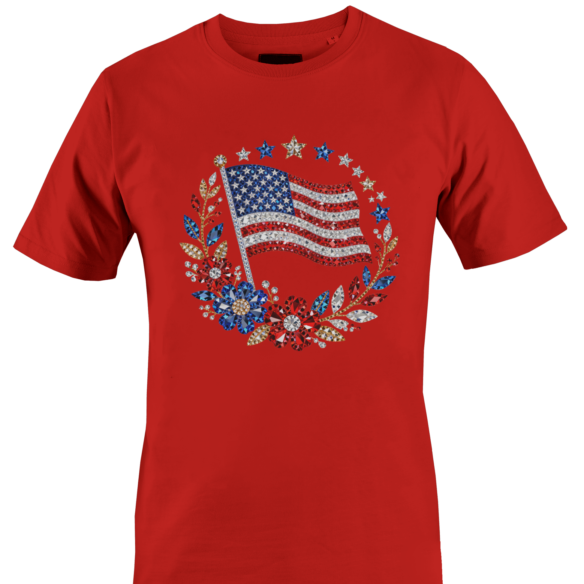 Red t-shirt with bling American flag and floral design by Monkey's Creations