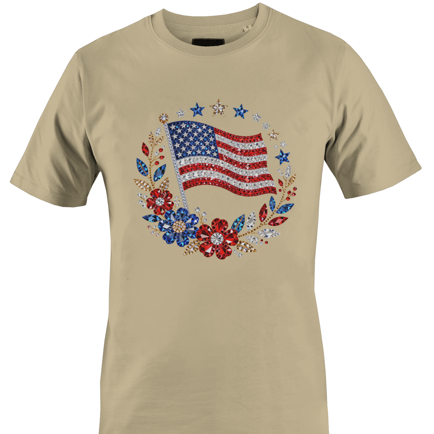 Tan t-shirt with bling American flag and floral design by Monkey's Creations