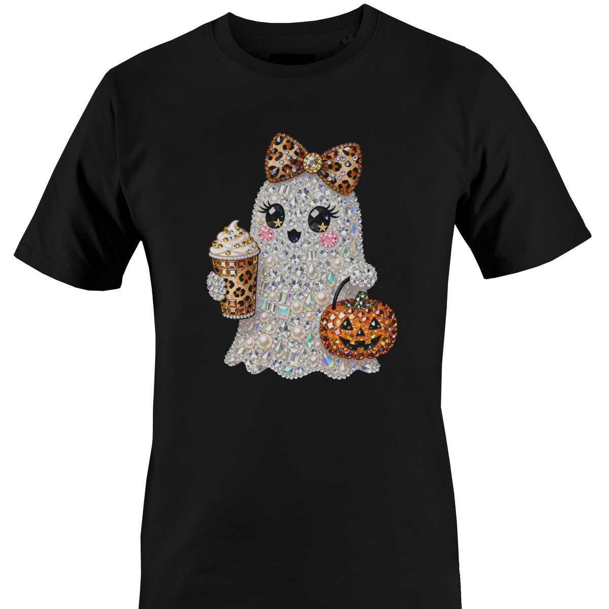 A black short-sleeve crewneck t-shirt featuring a graphic of a cute ghost character covered in rhinestones, holding a leopard-print pumpkin bucket and a leopard-print drink by Monkey's Creations.