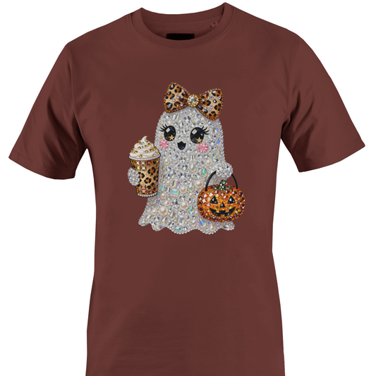 A brown short-sleeve crewneck t-shirt featuring a graphic of a cute ghost character covered in rhinestones, holding a leopard-print pumpkin bucket and a leopard-print drink by Monkey's Creations.