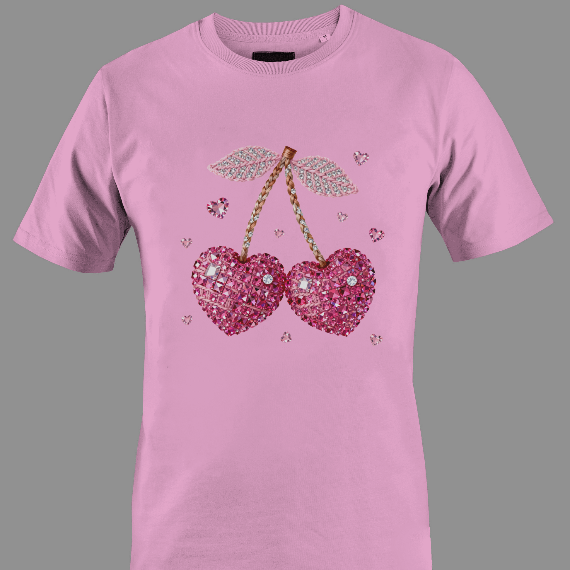 Light pink t-shirt with jeweled heart-shaped cherries 