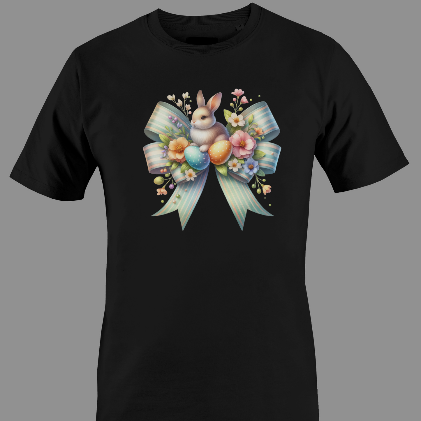 Black t-shirt with a bow, bunny, flowers and Easter eggs 
