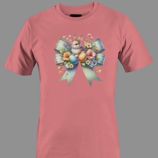 Coral t-shirt with a bow, bunny, flowers and Easter eggs 