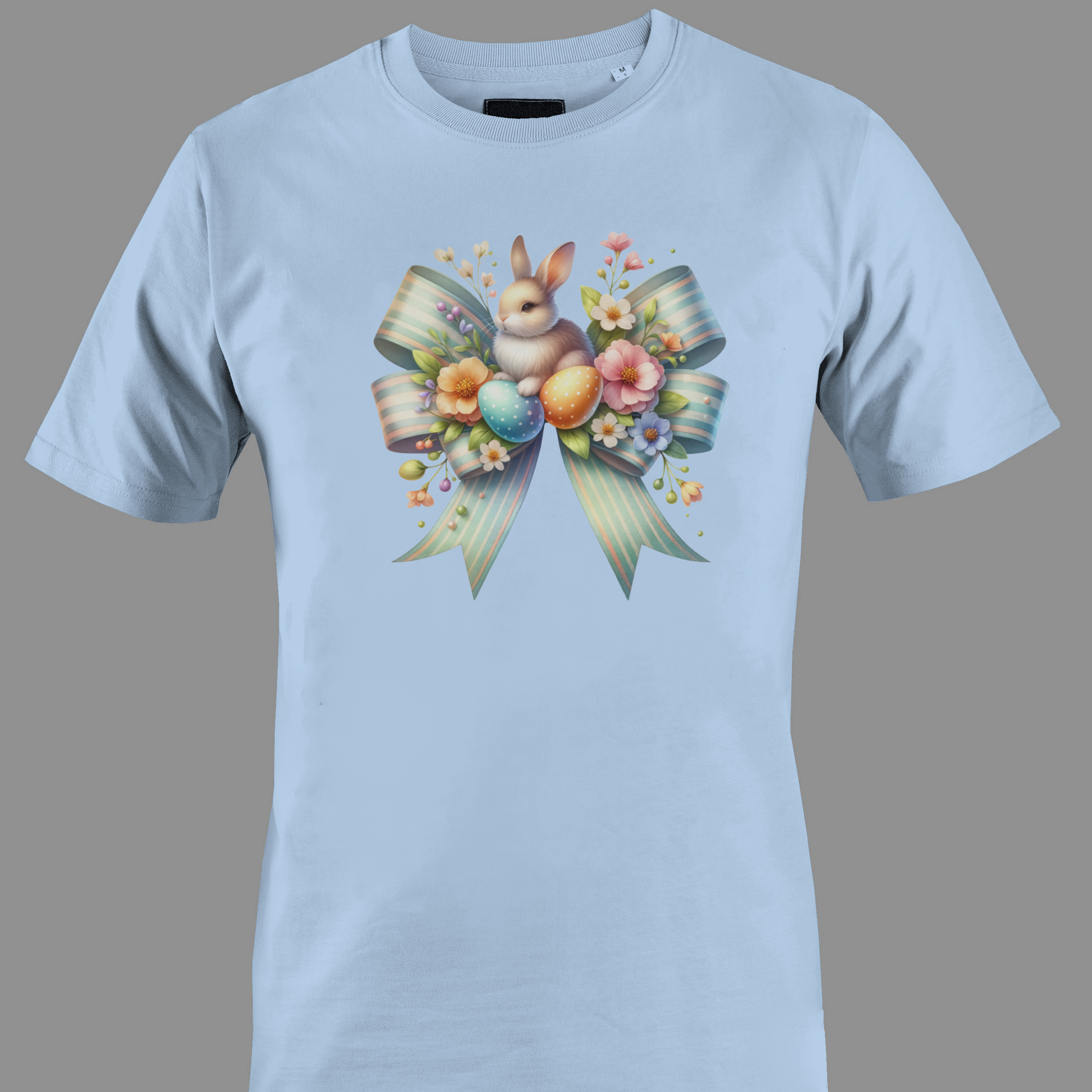 Light blue t-shirt with a bow, bunny, flowers and Easter eggs 