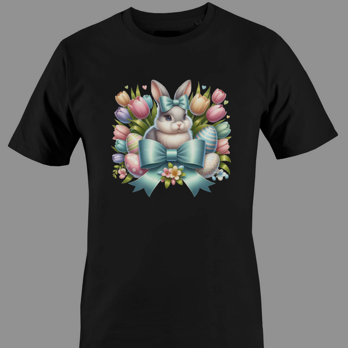 Black t-shirt with a bunny, Easter eggs and tulips 