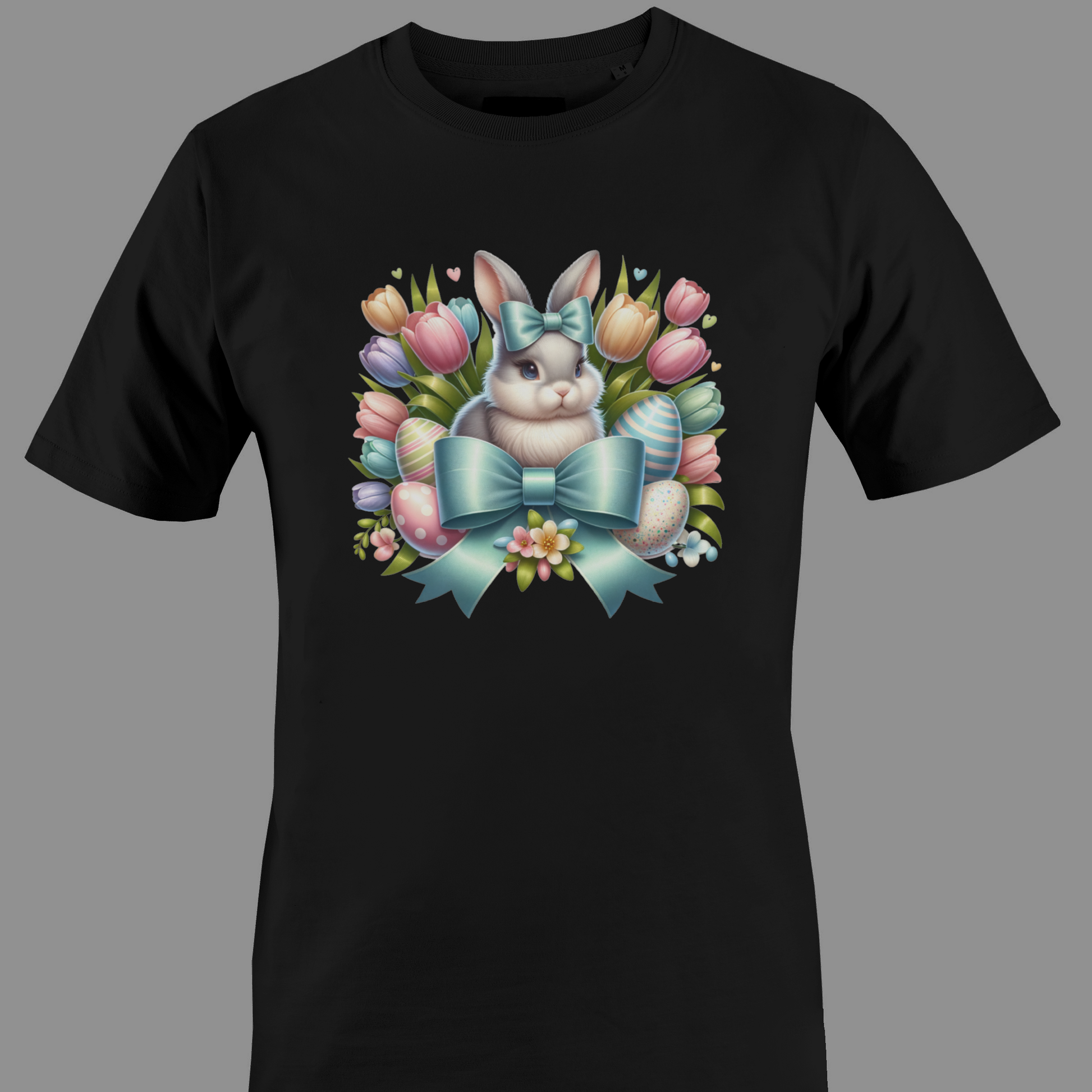 Black t-shirt with a bunny, Easter eggs and tulips 