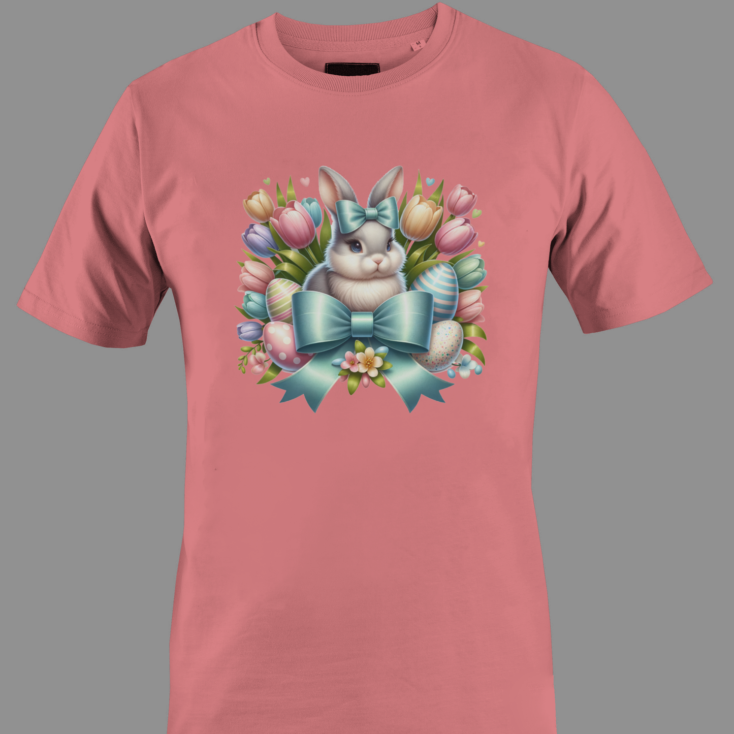 Coral t-shirt with a bunny, Easter eggs and tulips 