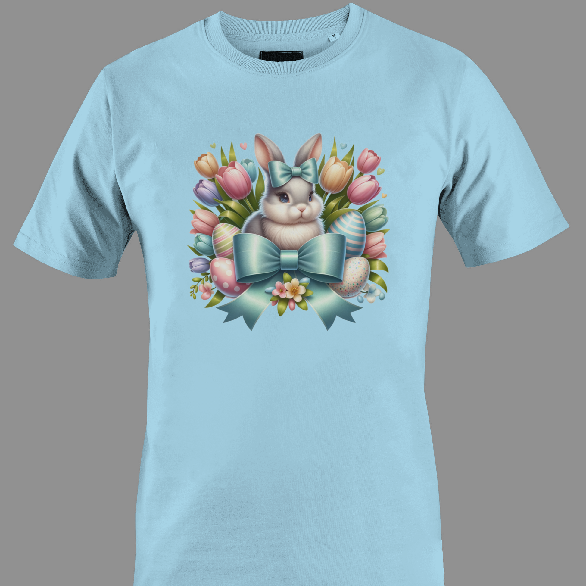 Light blue t-shirt with a bunny, Easter eggs and tulips 