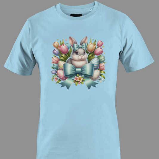 Light blue t-shirt with a bunny, Easter eggs and tulips 