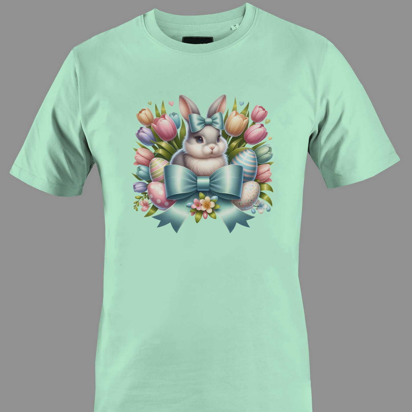 Light green t-shirt with a bunny, Easter eggs and tulips 