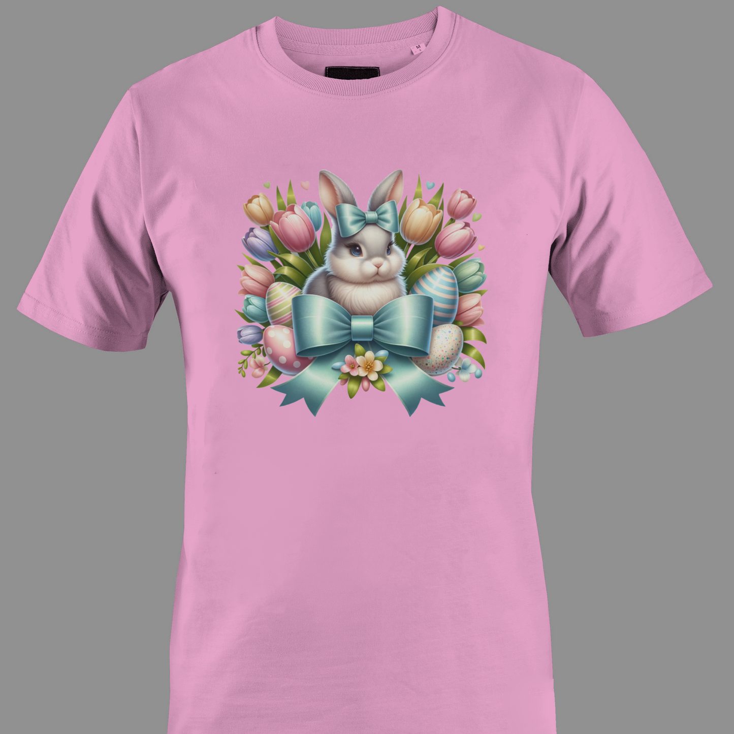 Light pink t-shirt with a bunny, Easter eggs and tulips 