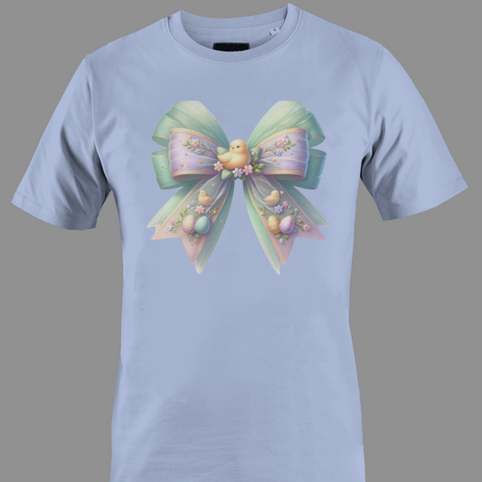 Light purple t-shirt with a decorative bow and Easter eggs with a chick 