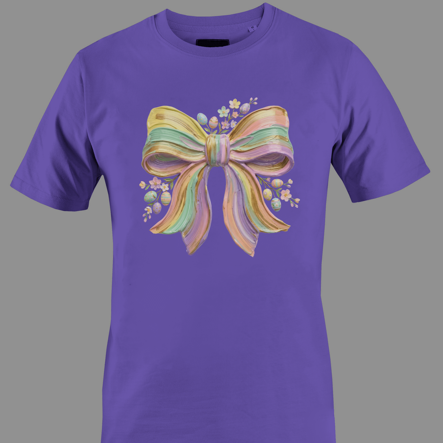 Dark purple t-shirt with a colorful bow design and flowers
