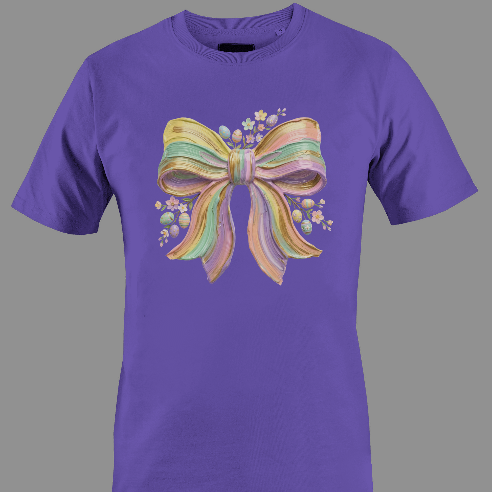 Dark purple t-shirt with a colorful bow design and flowers