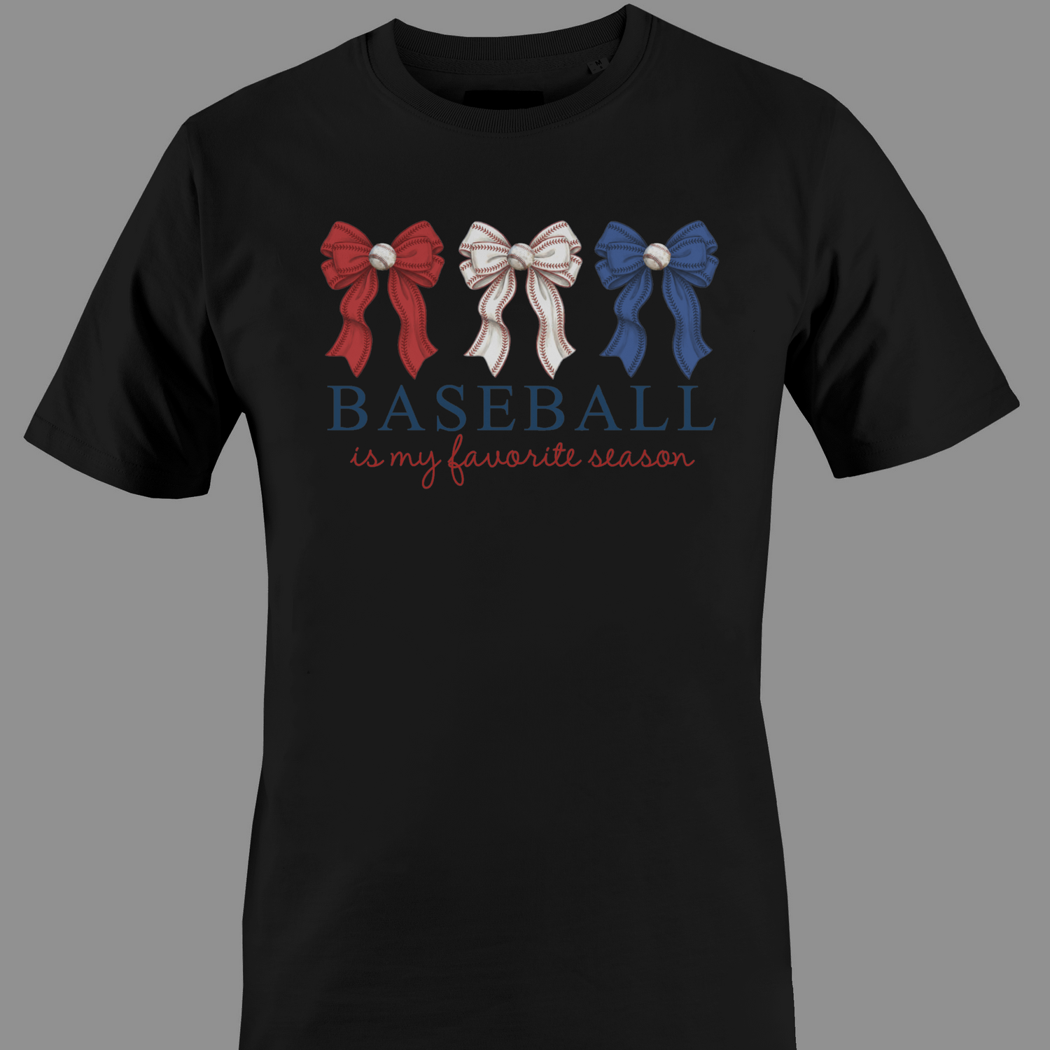 Black t-shirt with red, white, and blue bows and 'Baseball is my favorite season' text 
