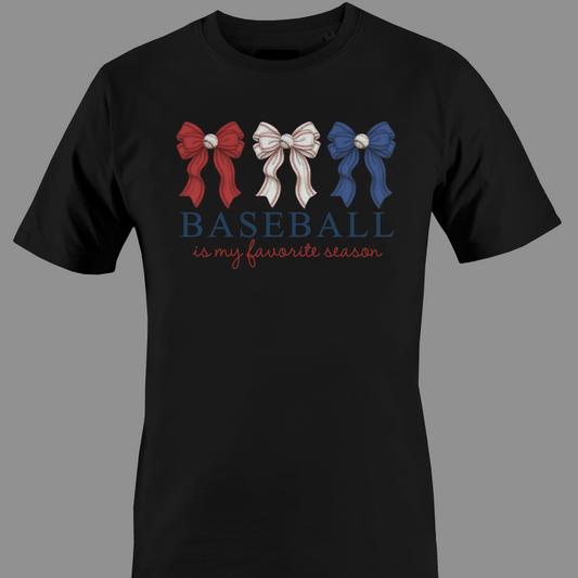 Black t-shirt with red, white, and blue bows and 'Baseball is my favorite season' text 