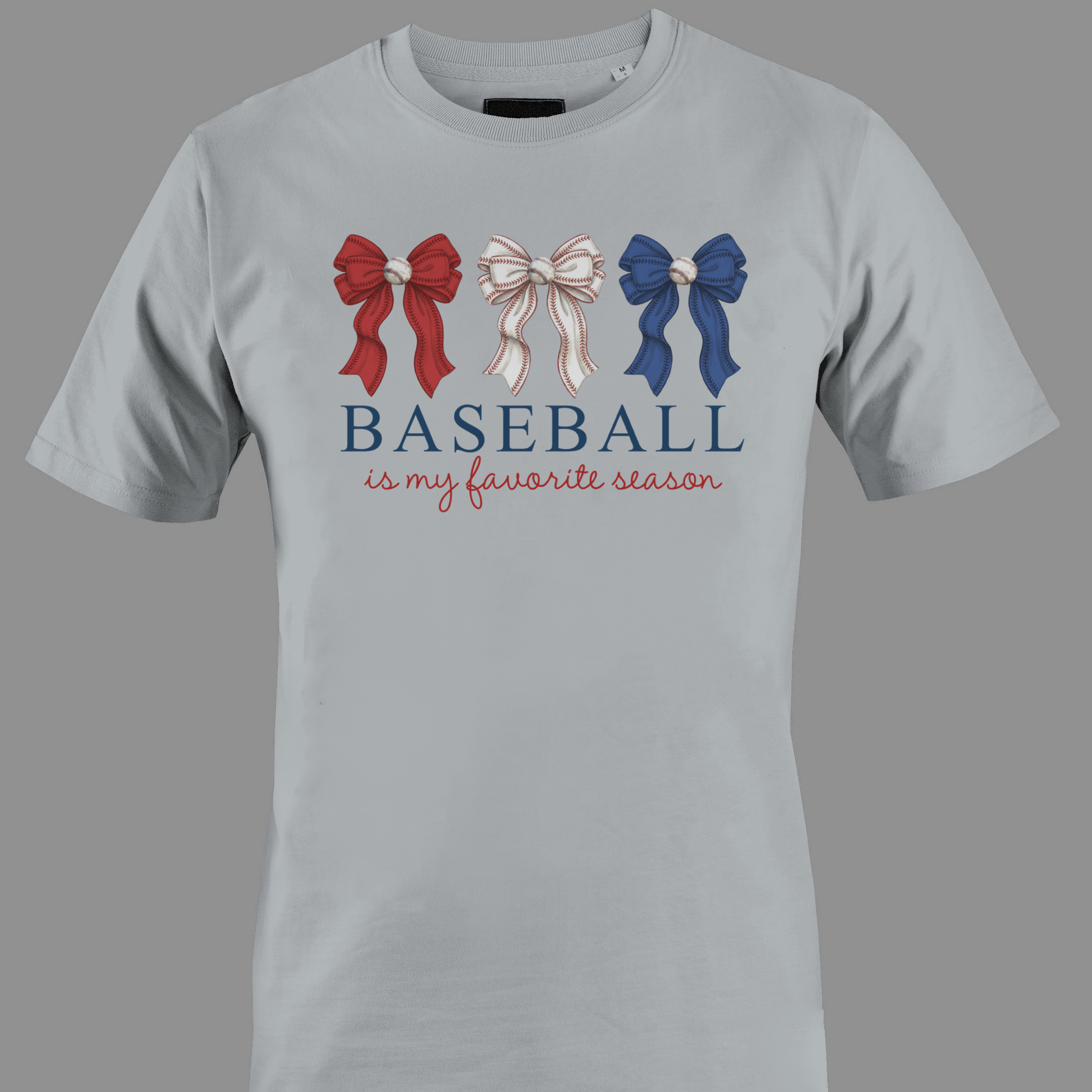 Light gray t-shirt with red, white, and blue bows and 'Baseball is my favorite season' text 