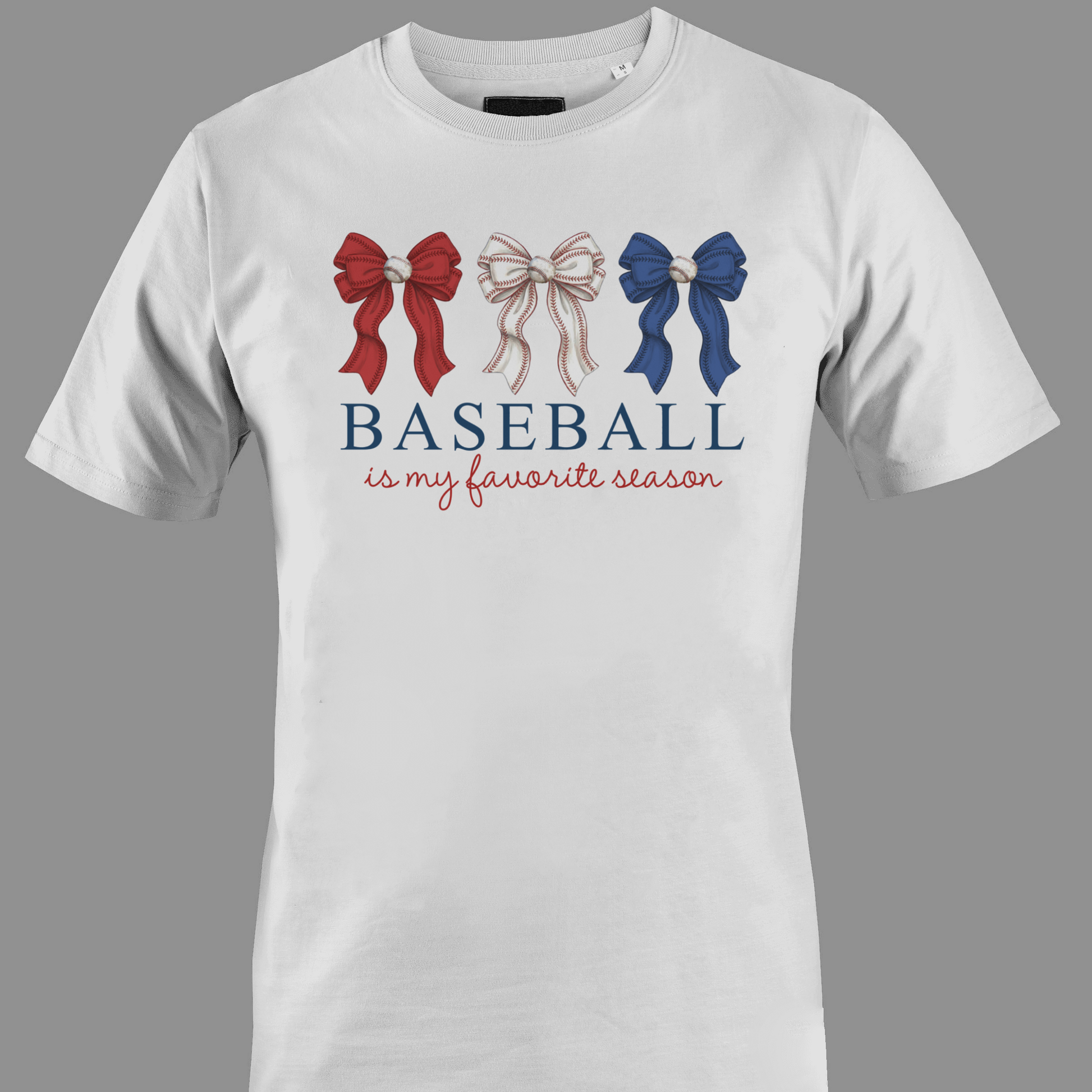 White t-shirt with red, white, and blue bows and 'Baseball is my favorite season' text 