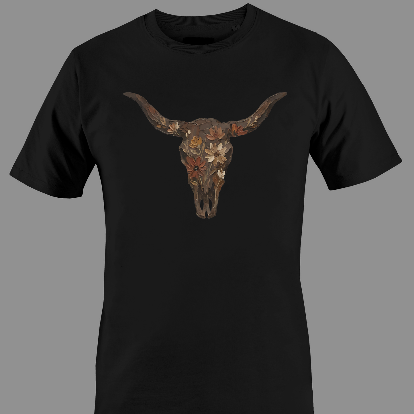 Black t-shirt with a bull skull with flowers design