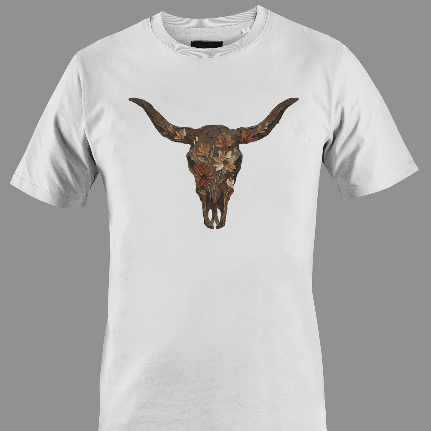White t-shirt with a bull skull with flowers design