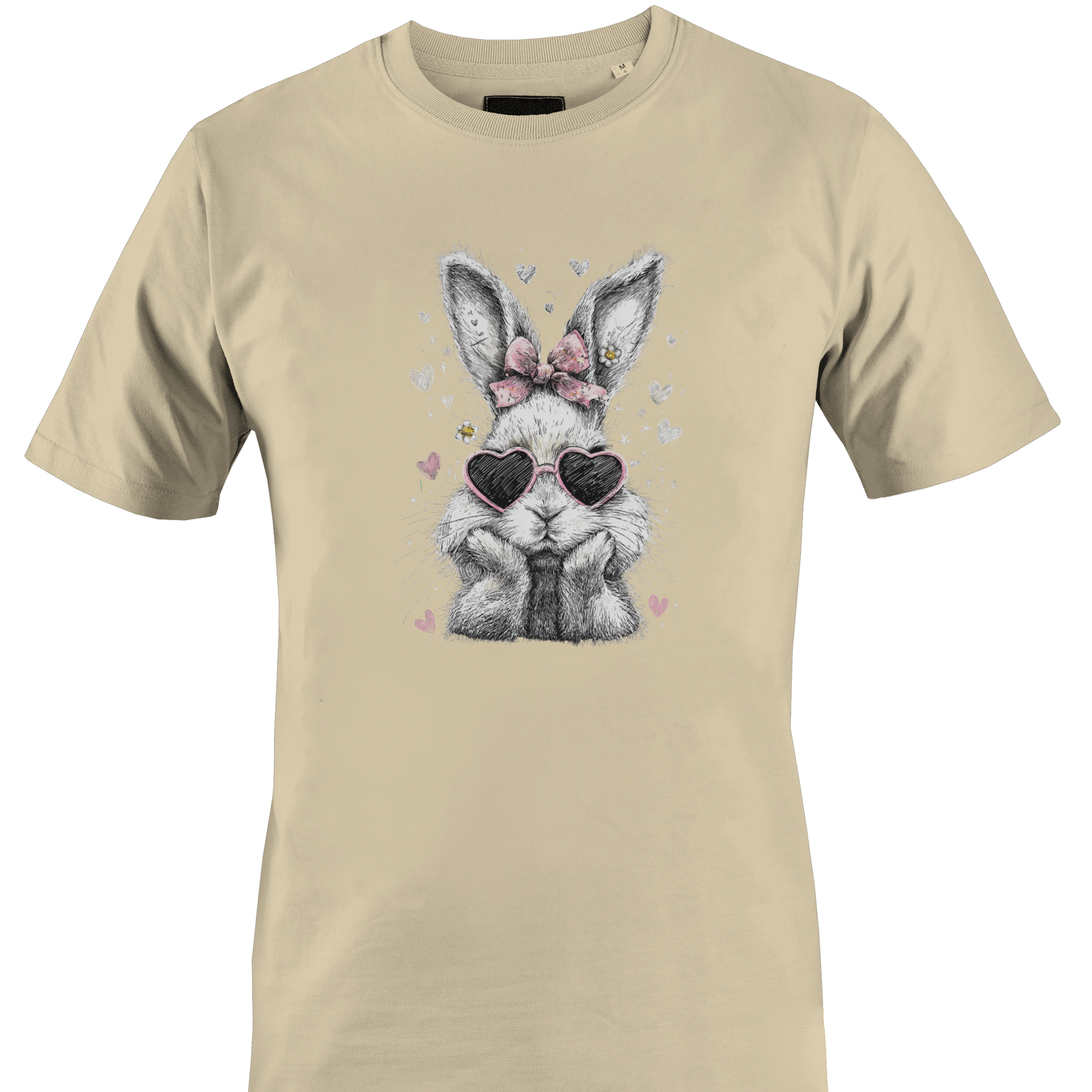 Beige t-shirt with a graphic of a bunny wearing heart-shaped sunglasses