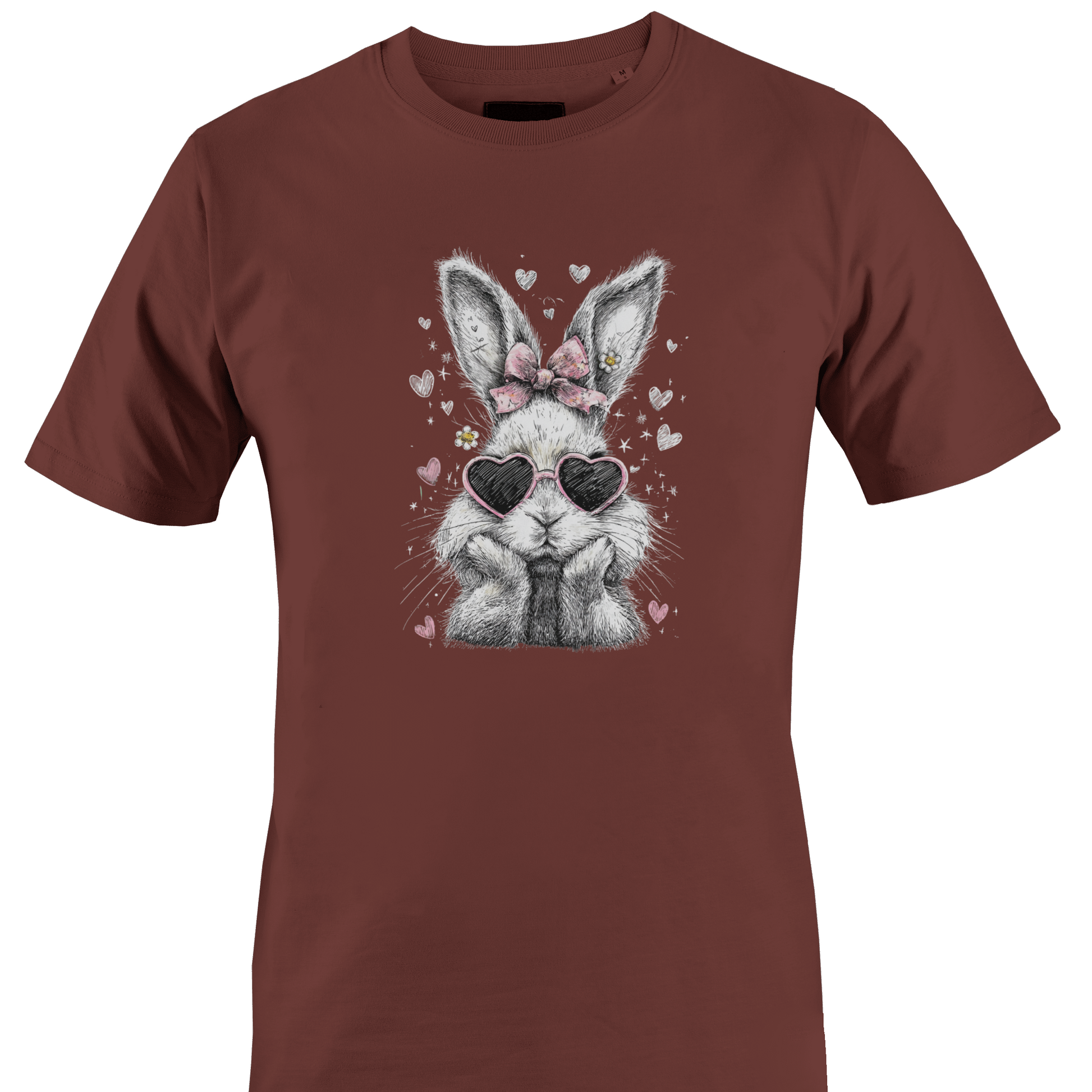 Brown t-shirt with a graphic of a rabbit wearing heart-shaped sunglasses 
