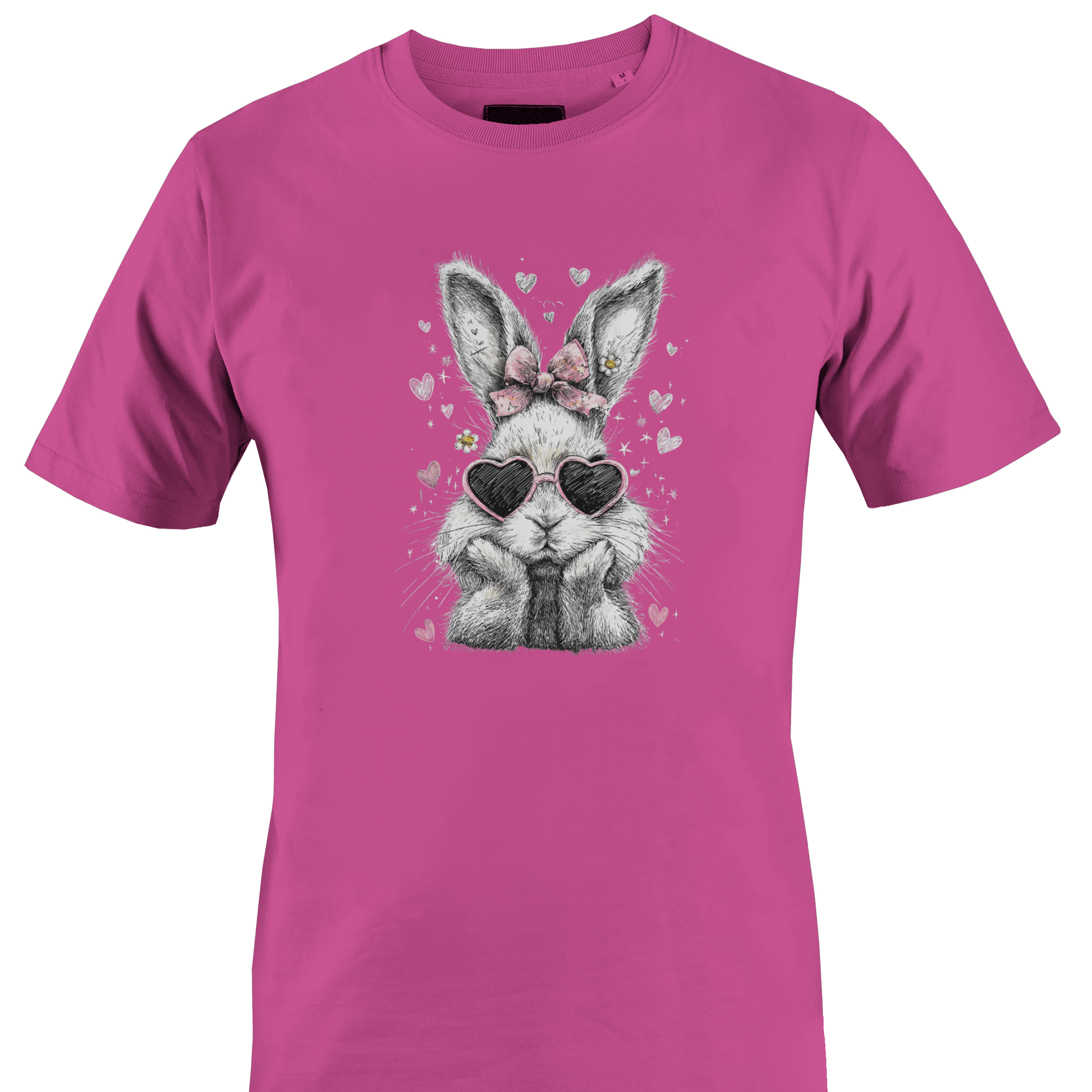 Dark pink t-shirt with a rabbit graphic wearing heart-shaped sunglasses