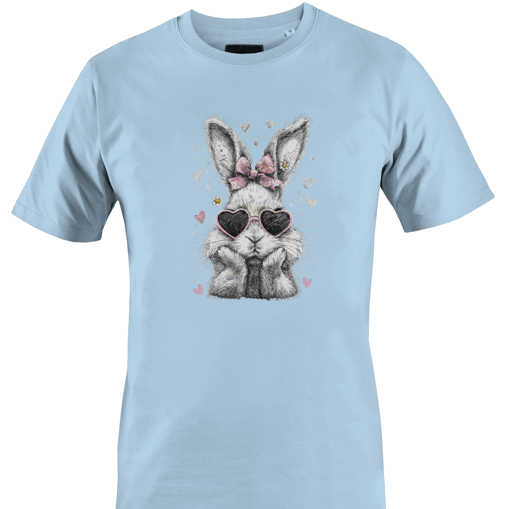 Light blue t-shirt with a graphic of a bunny wearing heart-shaped sunglasses