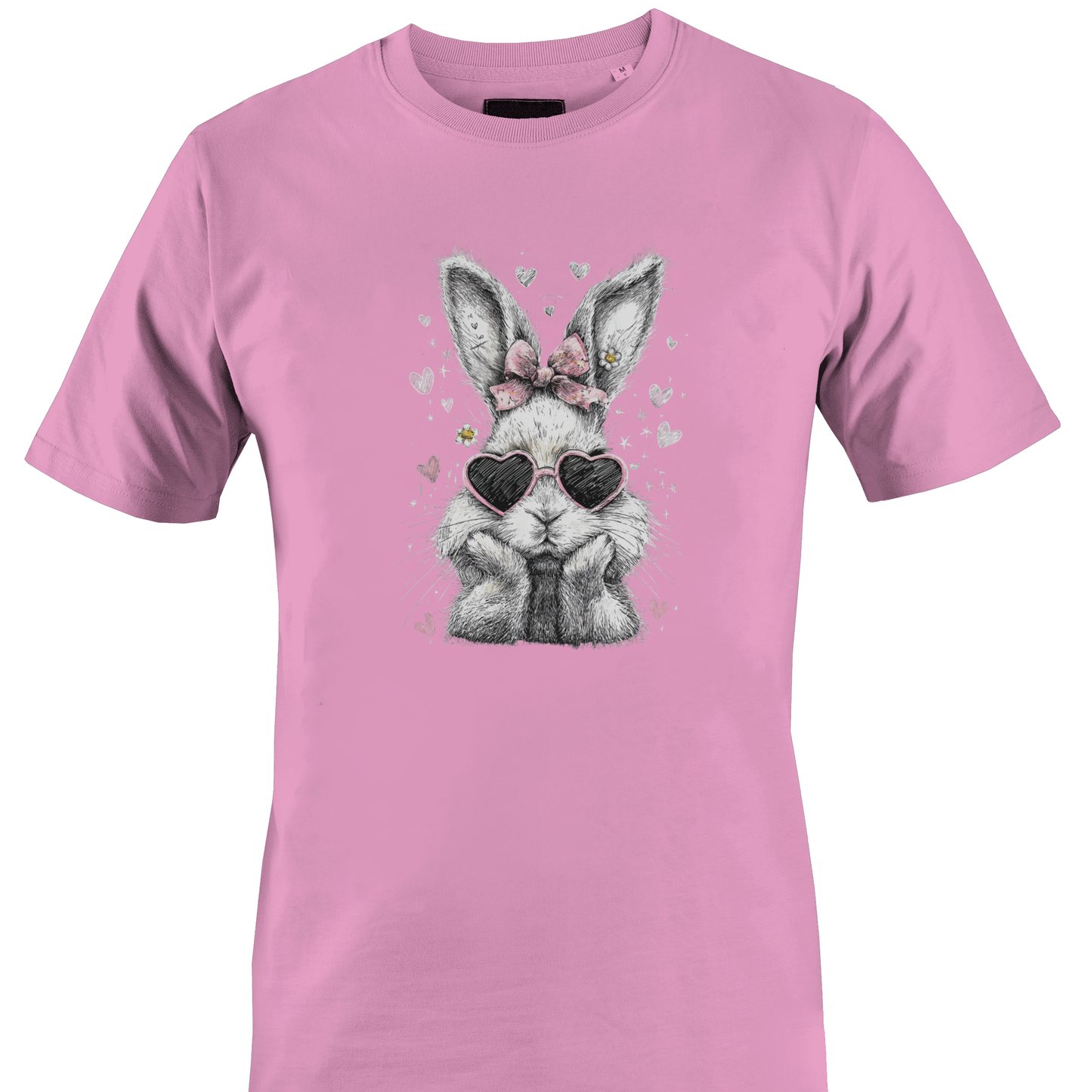 Light pink t-shirt with a bunny graphic wearing sunglasses and a bow 