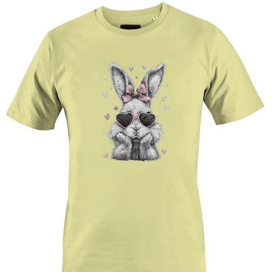 Light yellow t-shirt with a graphic of a bunny wearing heart-shaped sunglasses 