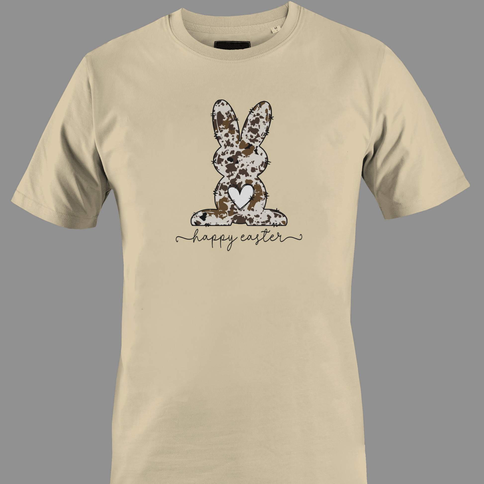 Beige t-shirt with a camo bunny with 'Happy Easter' text 