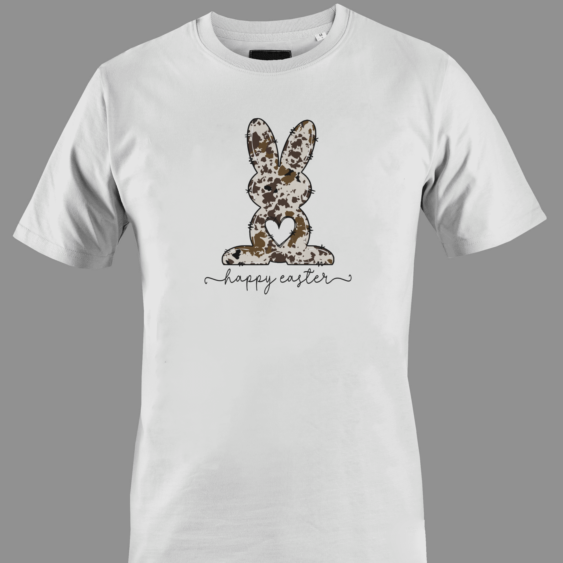 White t-shirt with a camo bunny with 'Happy Easter' text 