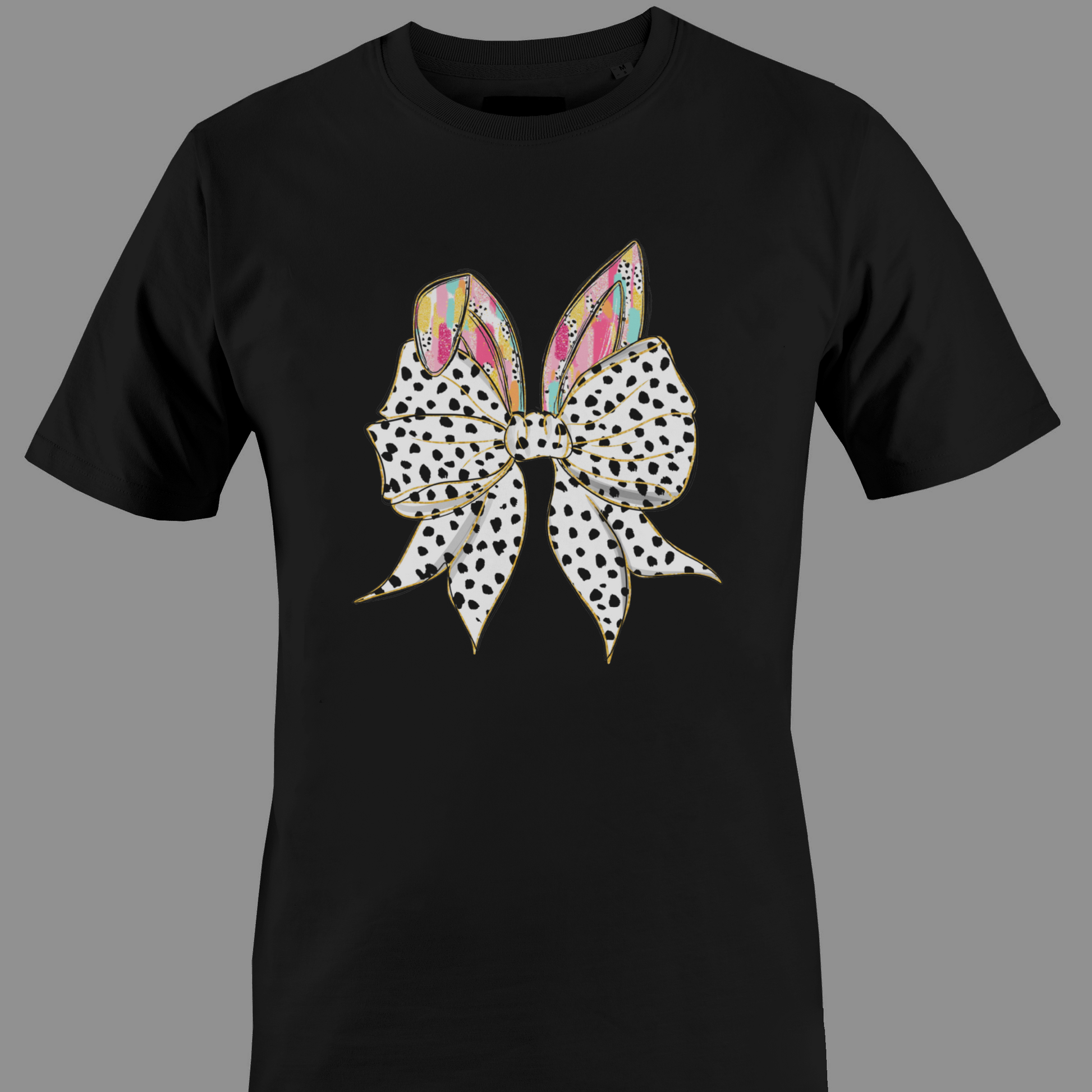Black t-shirt with a large polka dot bow and colorful rabbit ears