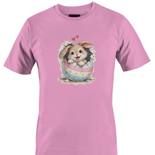Light pink t-shirt with a bunny in an Easter egg design 