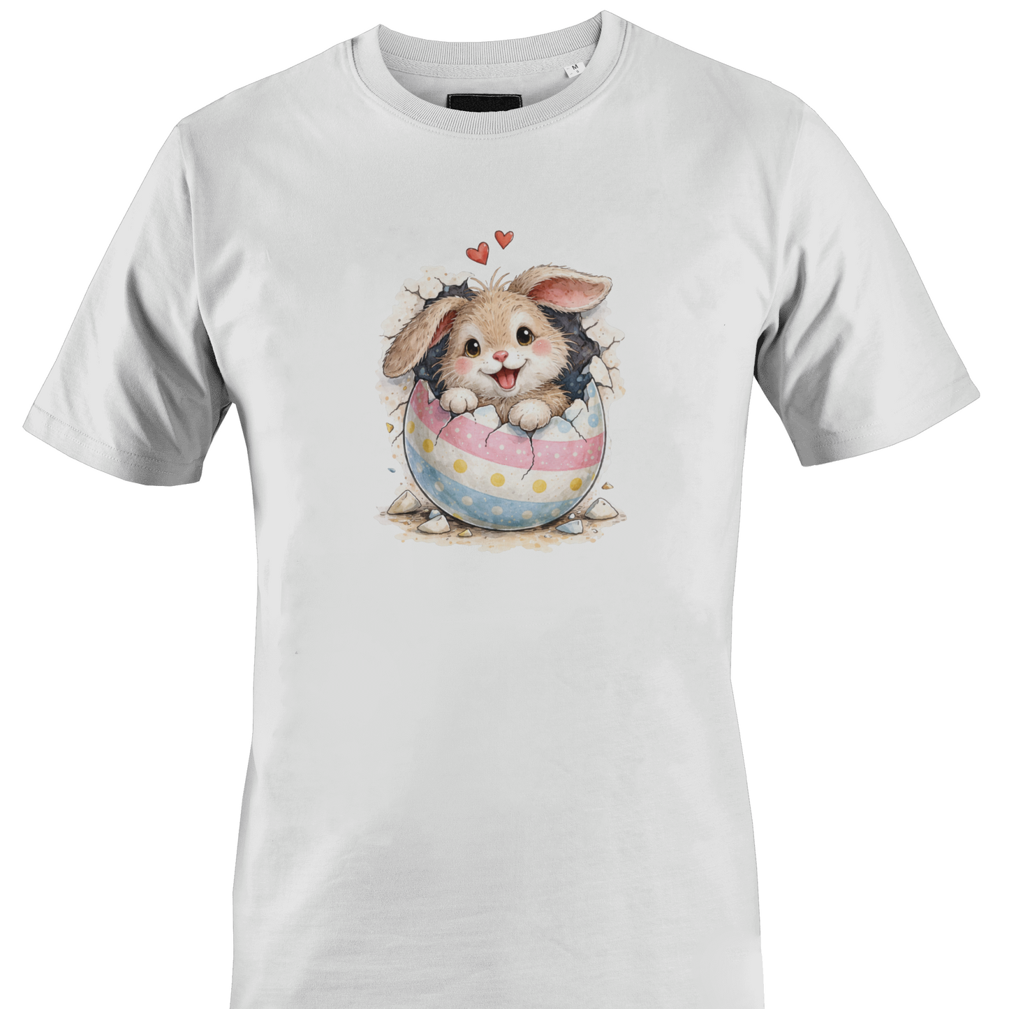 White t-shirt with a bunny in an Easter egg graphic 