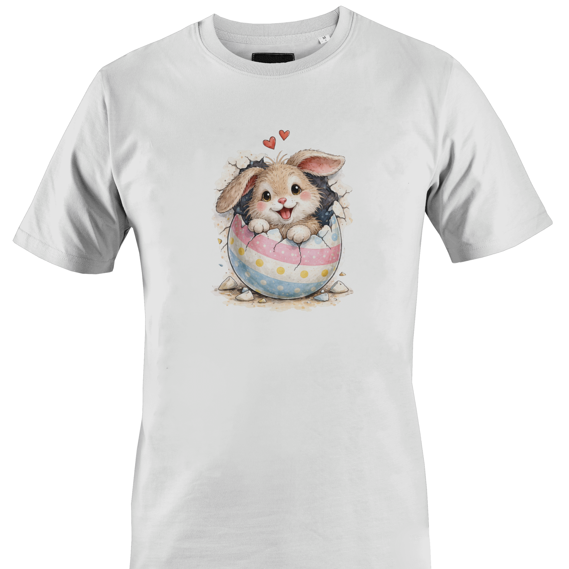 White t-shirt with a bunny in an Easter egg graphic 