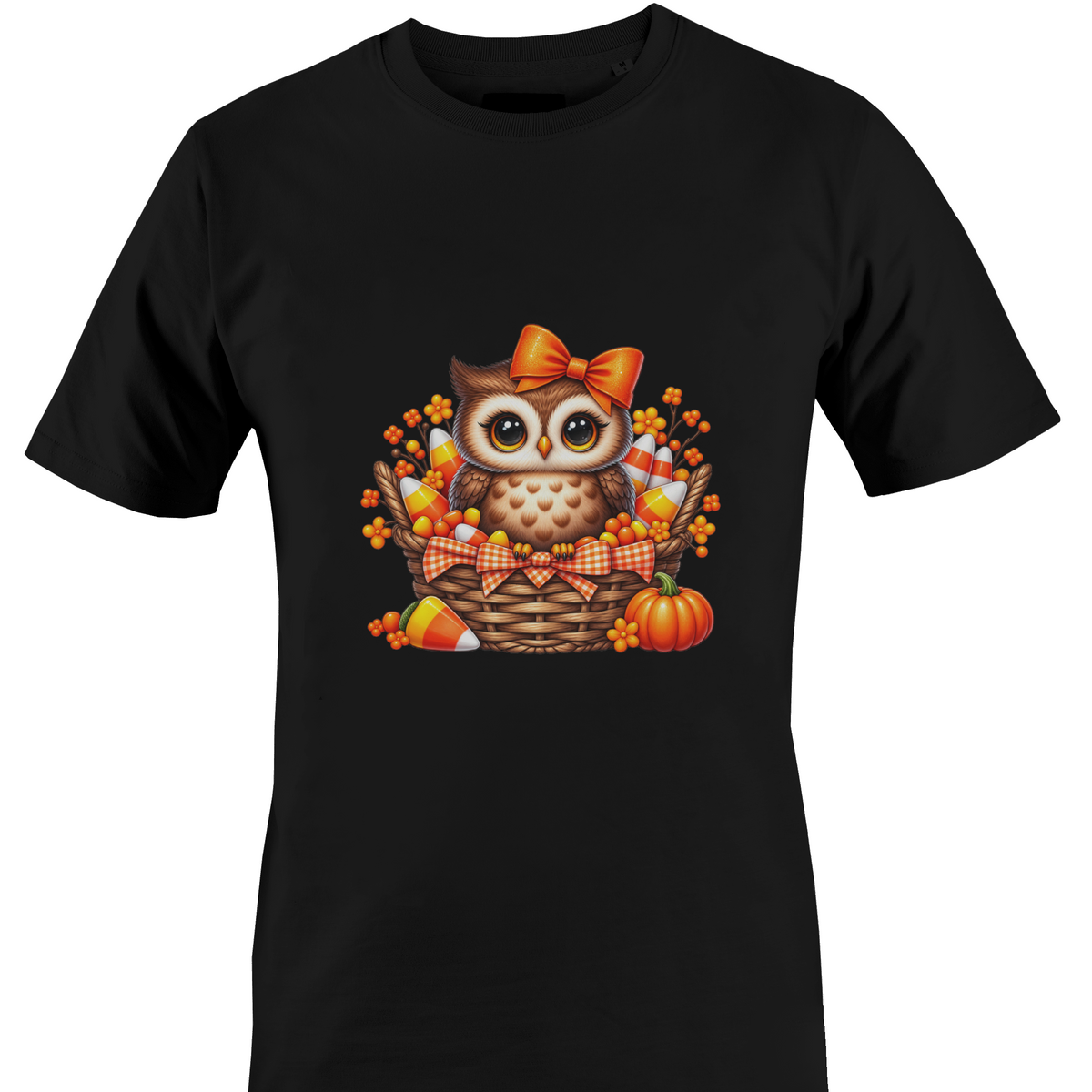 Black t-shirt by Monkey's Creations featuring an owl in a basket with pumpkins and candy corn.