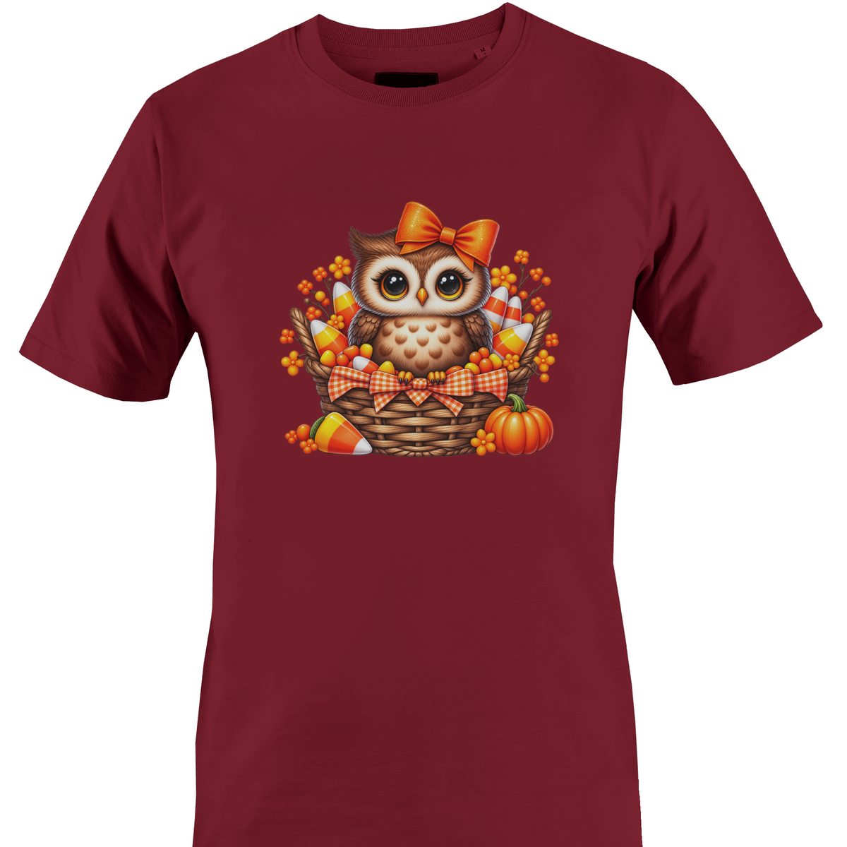 Burgundy t-shirt by Monkey's Creations featuring an owl in a basket with pumpkins and candy corn.