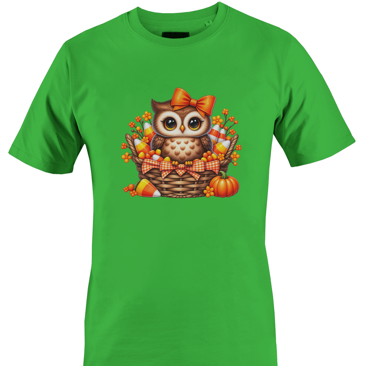 Green t-shirt by Monkey's Creations featuring an owl in a basket with pumpkins and candy corn.
