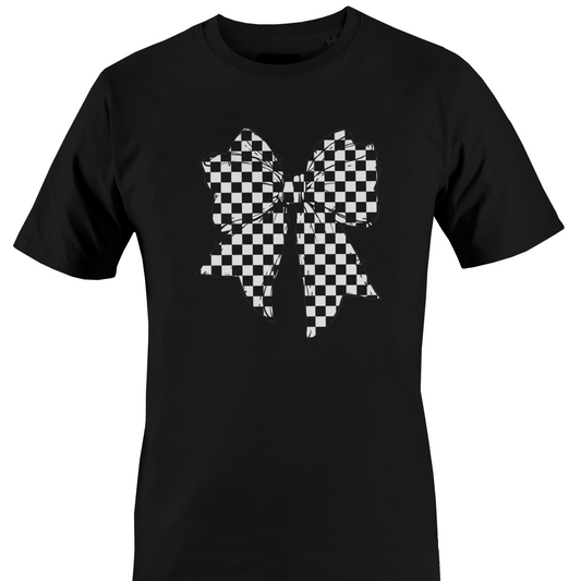 Black t-shirt with a checkered bow design 