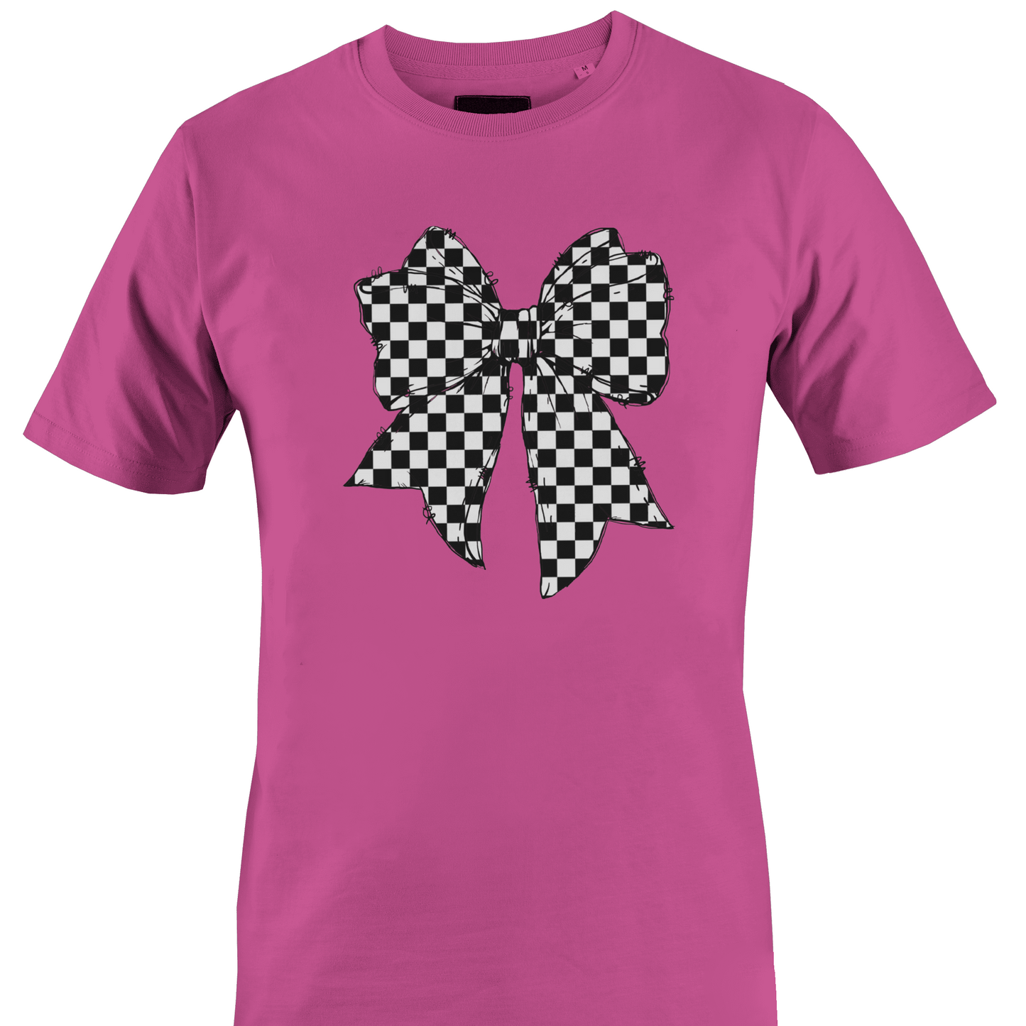 Dark pink t-shirt with a large black and white checkered bow design 