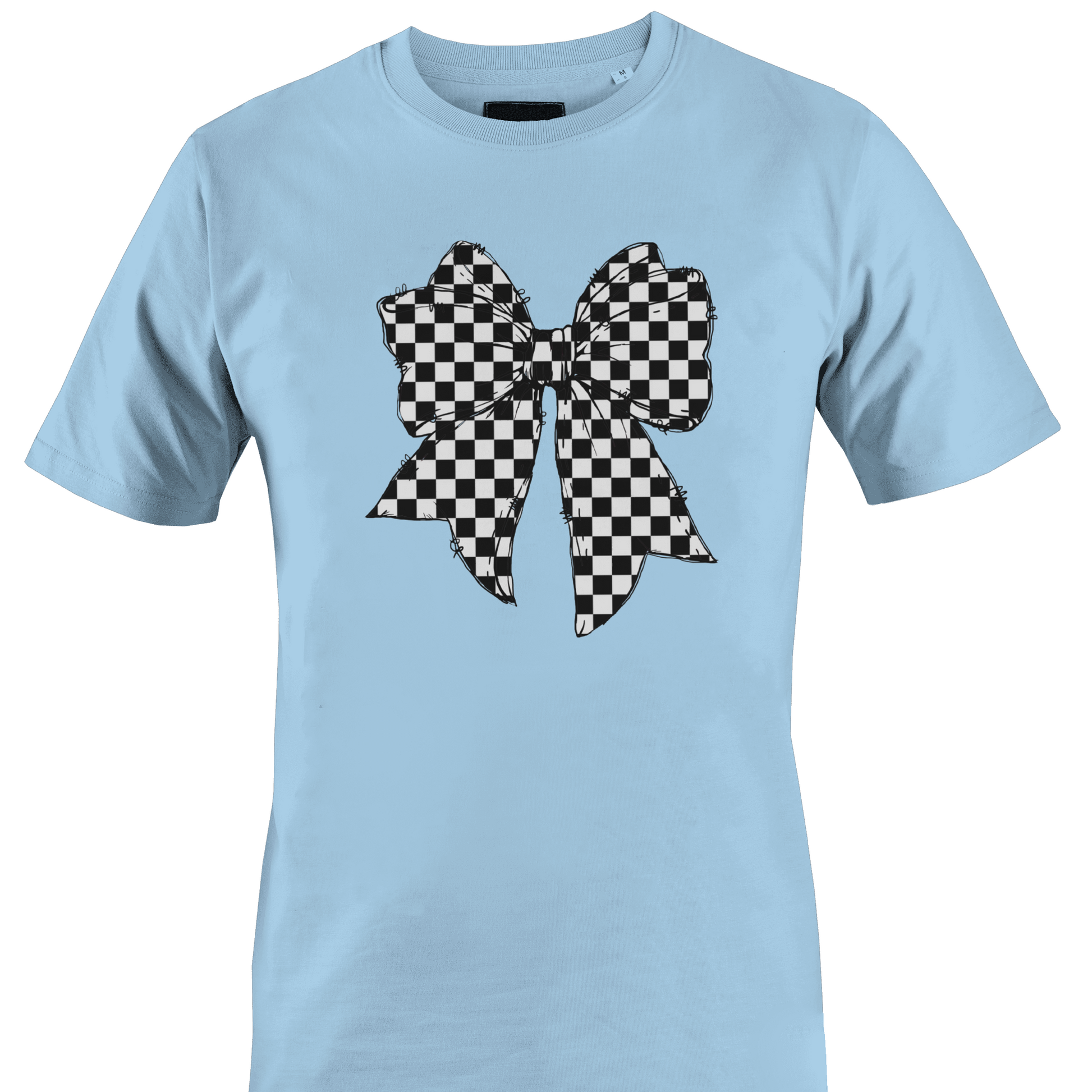 Light blue t-shirt with a black and white checkered bow design 