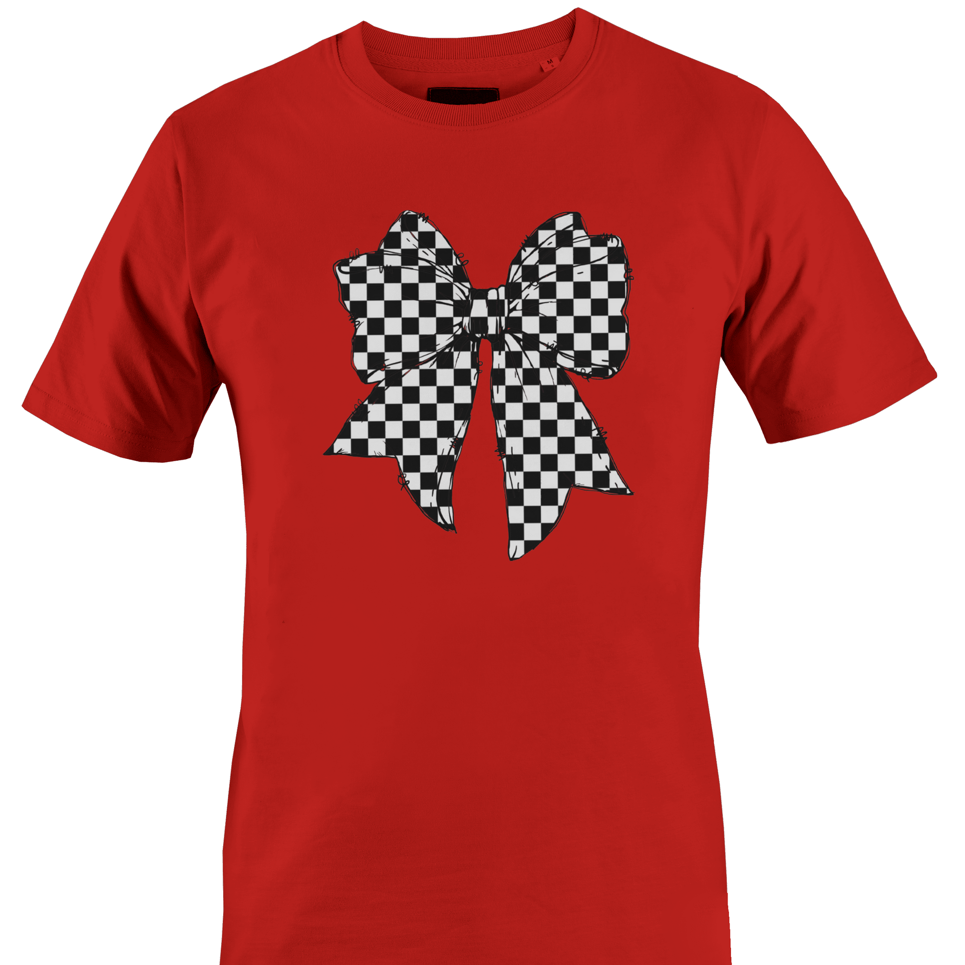Red t-shirt with a black and white checkered bow design 