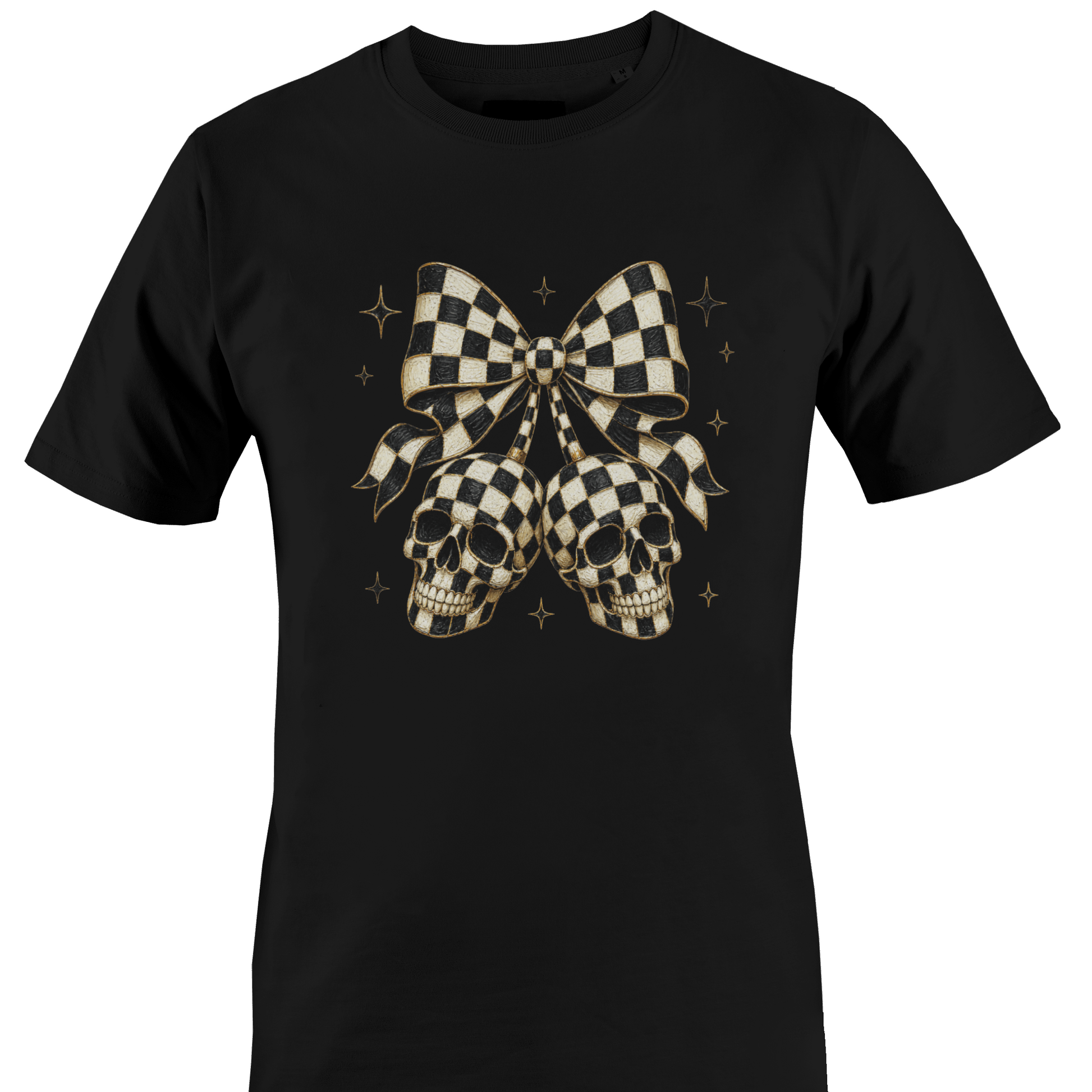 Black t-shirt with a black and white checkered bow with skulls for Halloween by Monkey's Creations. 